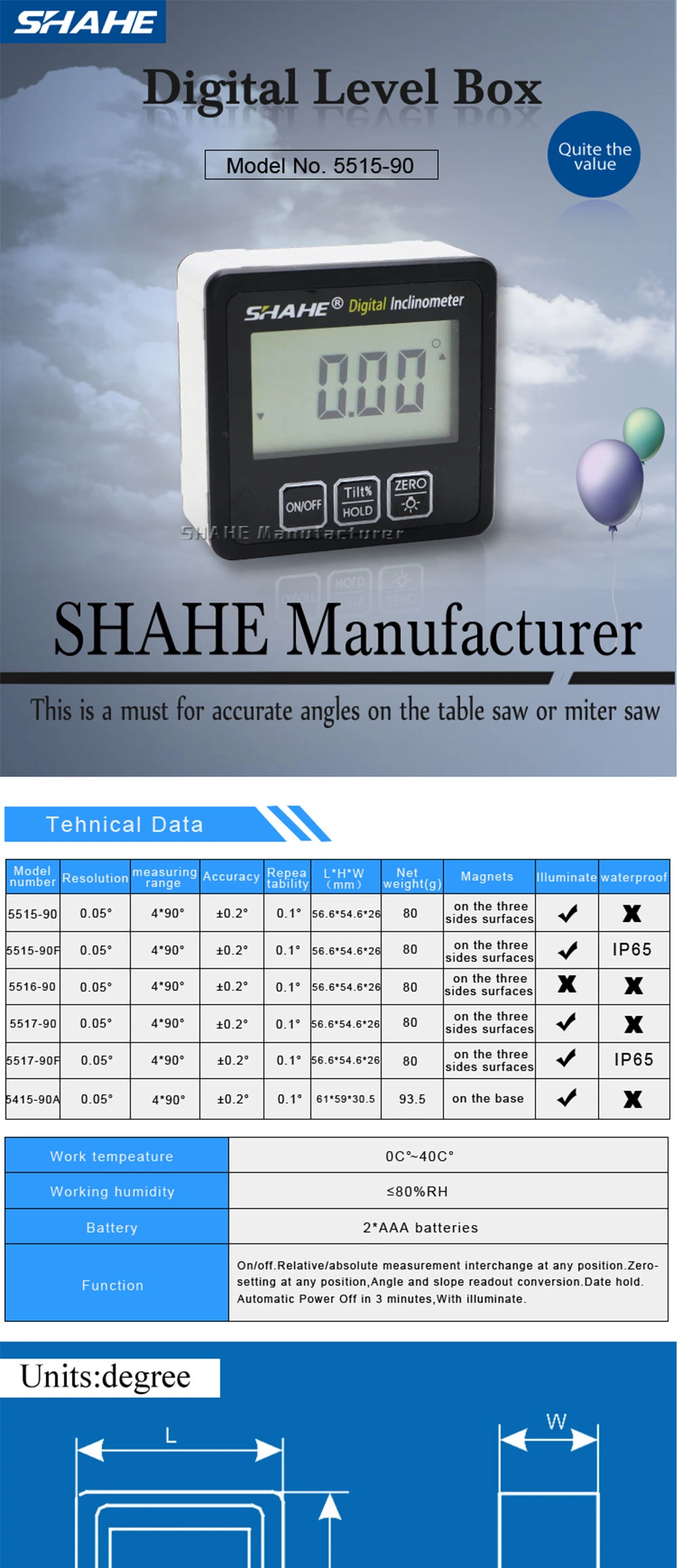5515-90W Aluminum alloy Digital inclinometer with white backlight