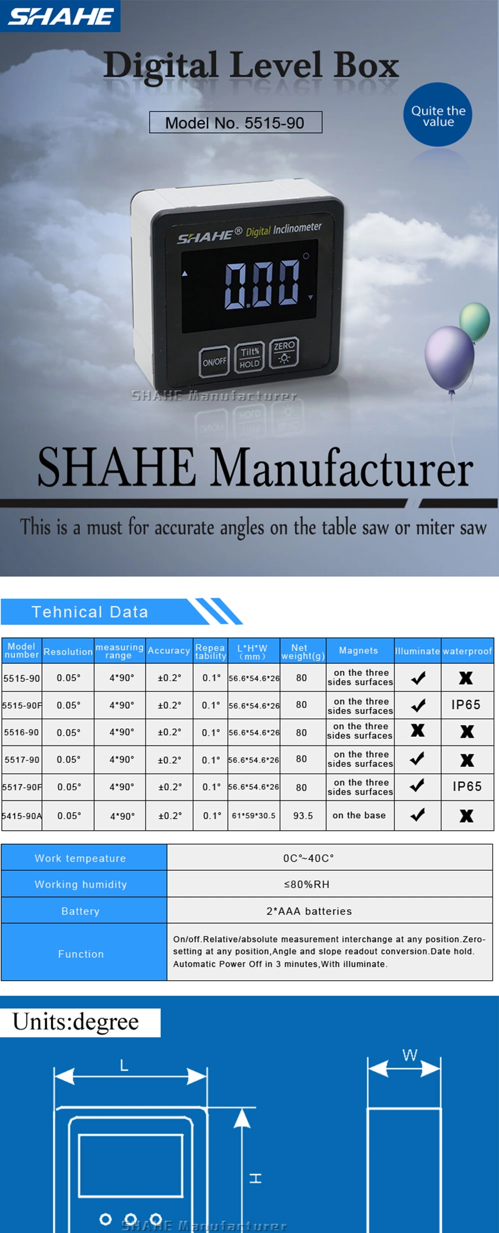 5515-90BW Aluminum alloy Digital inclinometer with white word