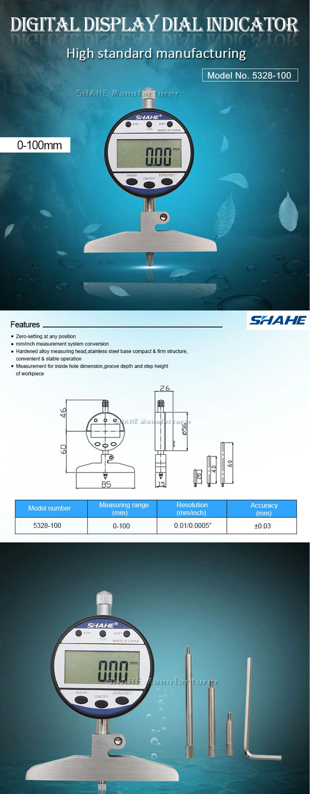 5328 0,01 мм Цифровой индикатор глубины
