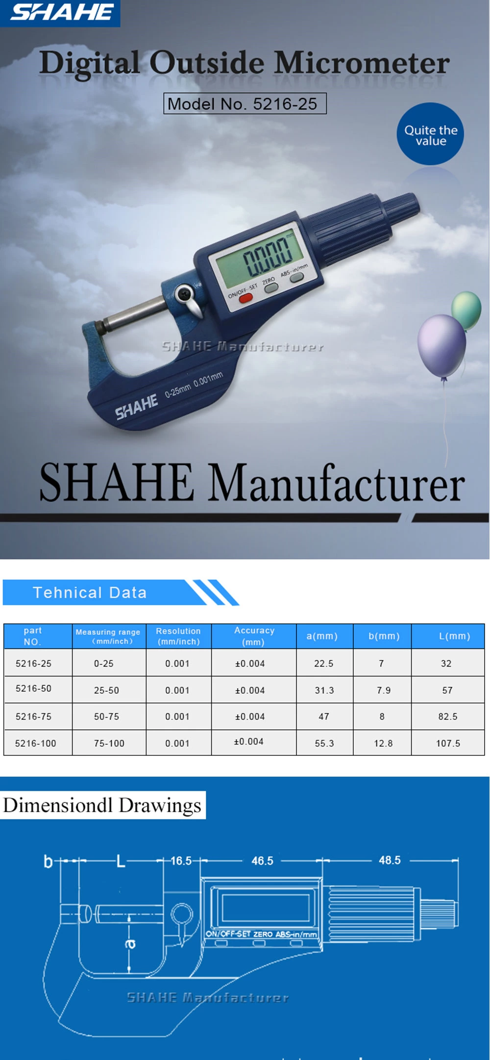 5216 Digital tube Micrometer with Single Round head
