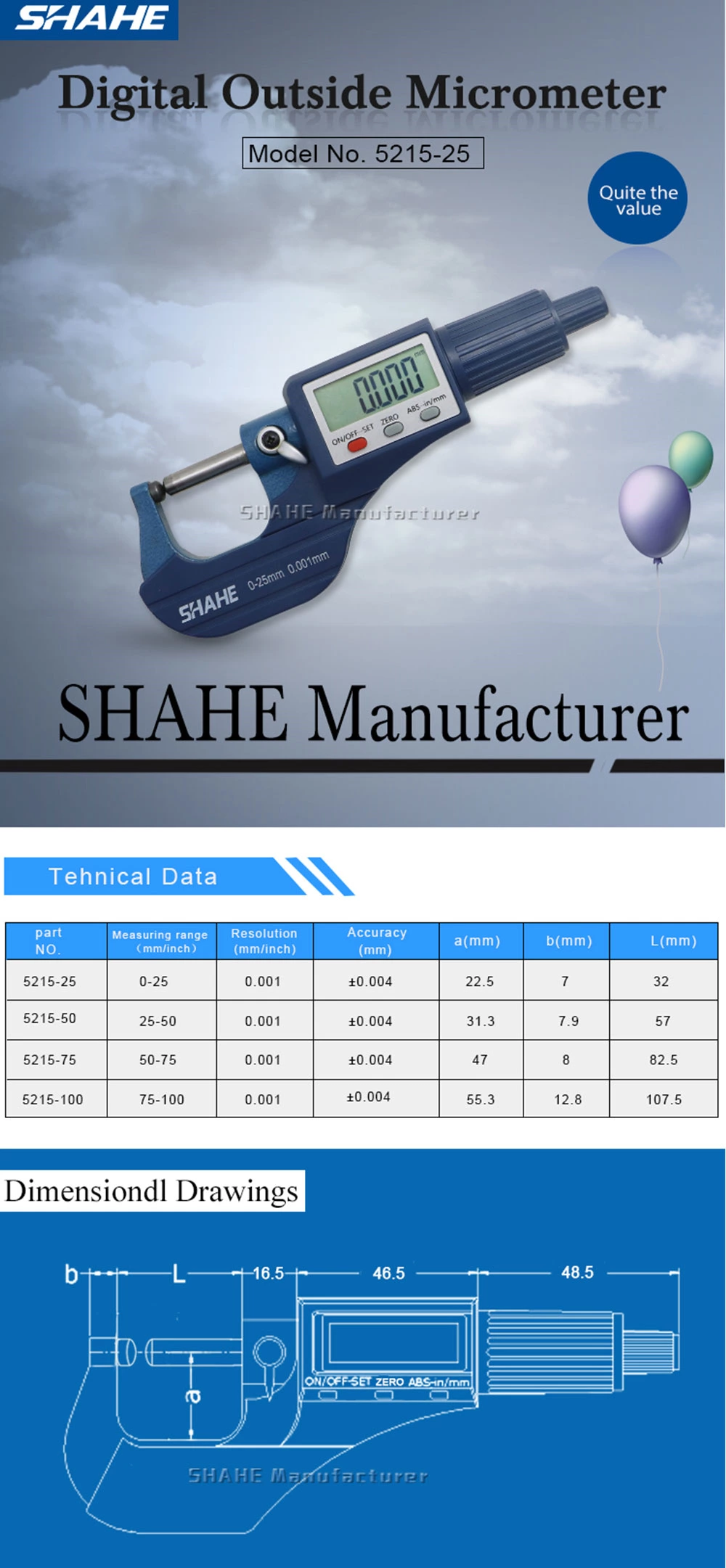 5215 Digital tube Micrometer with Double Round head